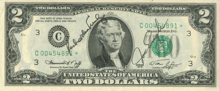 Astronaut Autographed Two Dollar Bill